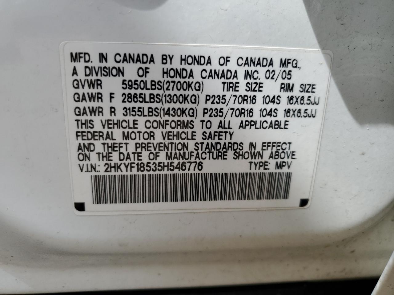 2HKYF18535H546776 2005 Honda Pilot Exl