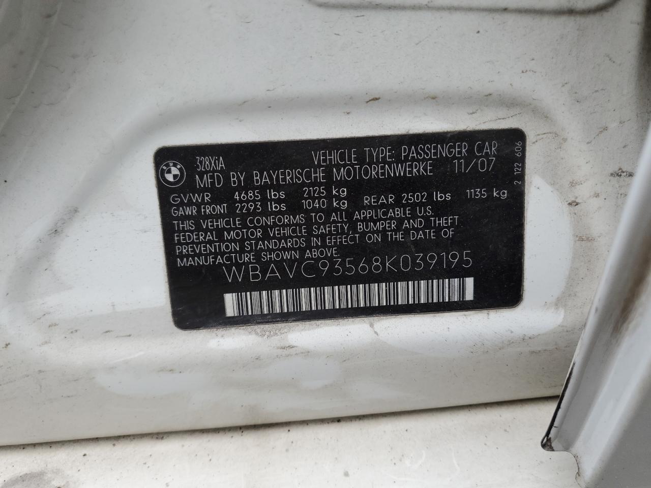 WBAVC93568K039195 2008 BMW 328 Xi