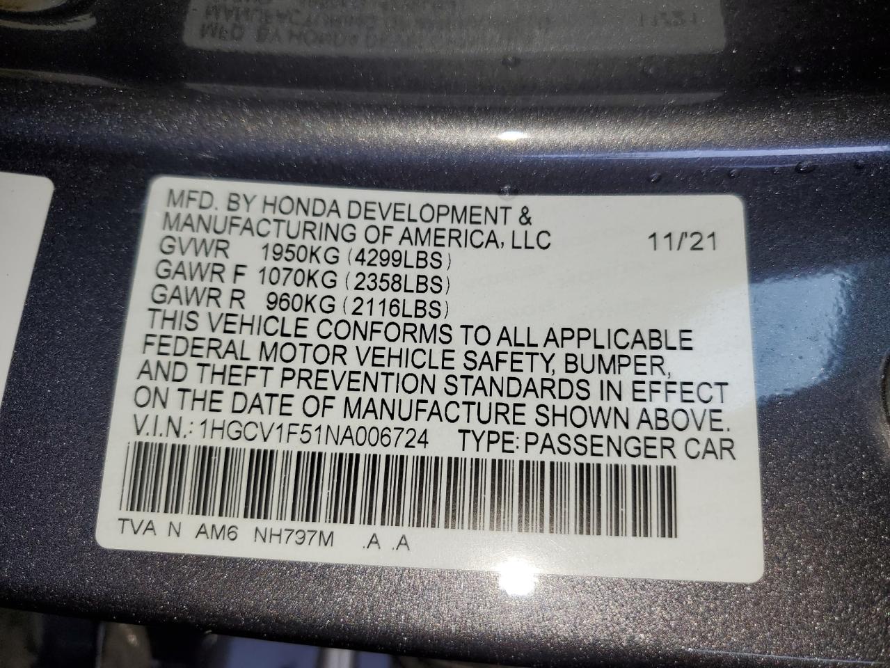 1HGCV1F51NA006724 2022 Honda Accord Exl