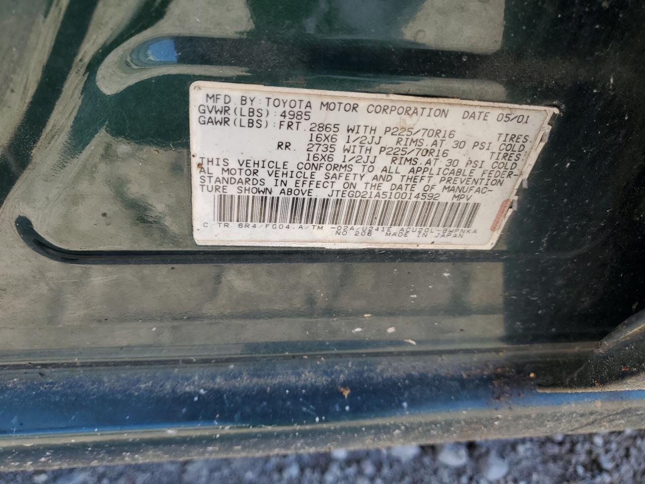 JTEGD21A510014592 2001 Toyota Highlander