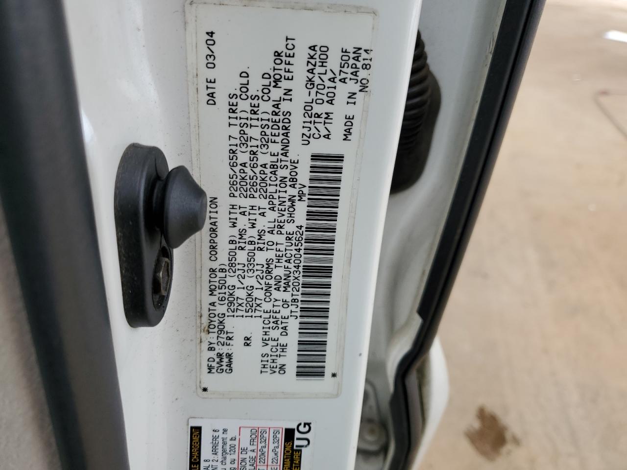 JTJBT20X340045624 2004 Lexus Gx 470