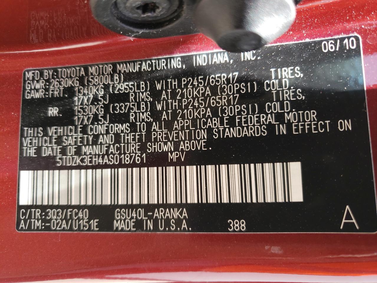 5TDZK3EH4AS018761 2010 Toyota Highlander