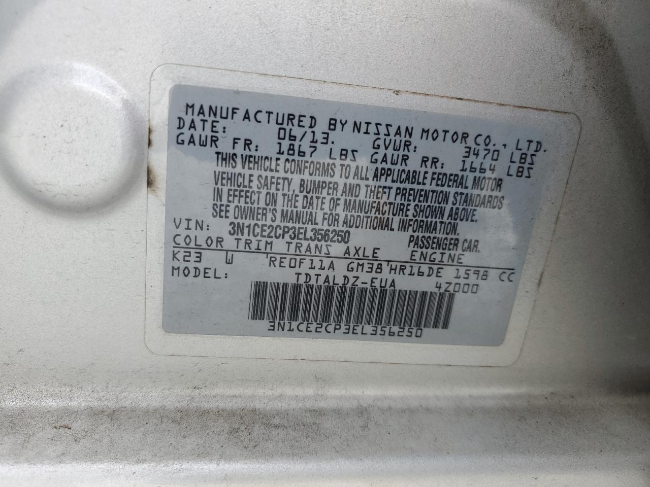 3N1CE2CP3EL356250 2014 Nissan Versa Note S