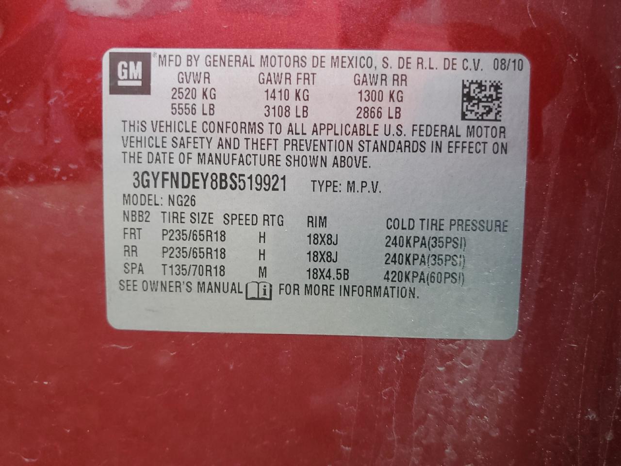 3GYFNDEY8BS519921 2011 Cadillac Srx Luxury Collection