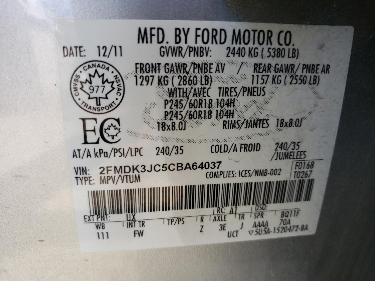 2FMDK3JC5CBA64037 2012 Ford Edge Sel