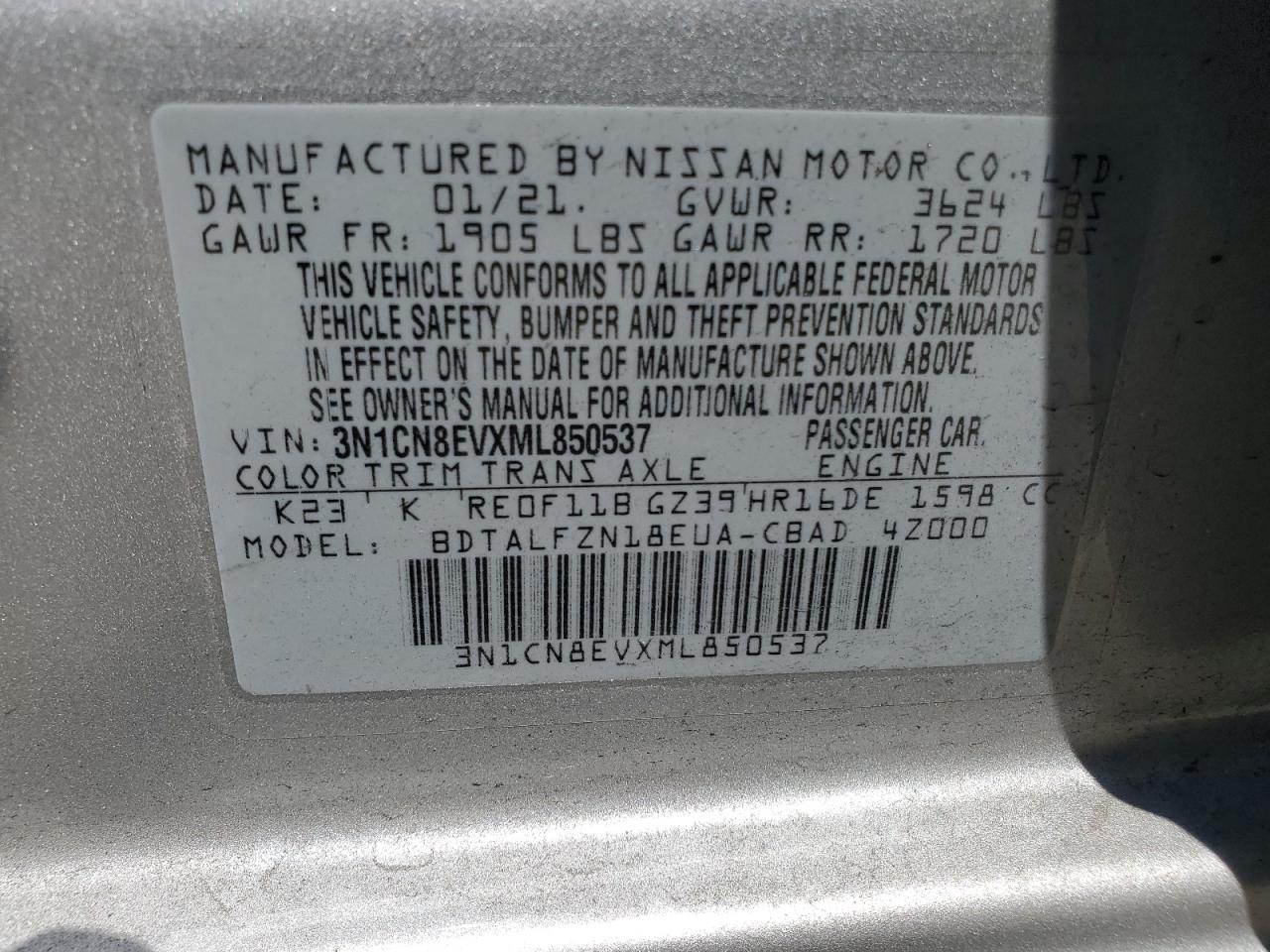 3N1CN8EVXML850537 2021 Nissan Versa Sv