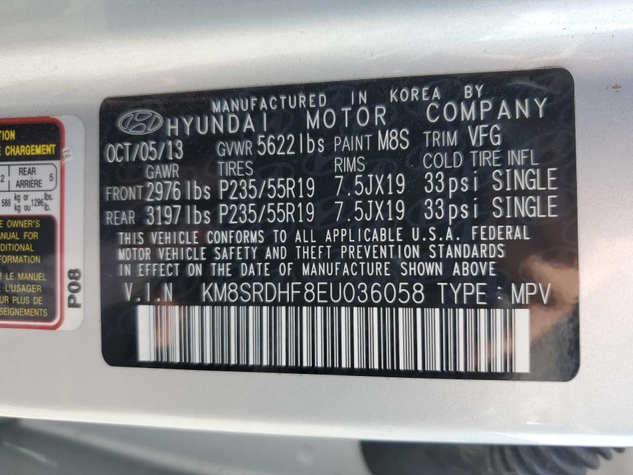 KM8SRDHF8EU036058 2014 Hyundai Santa Fe Gls