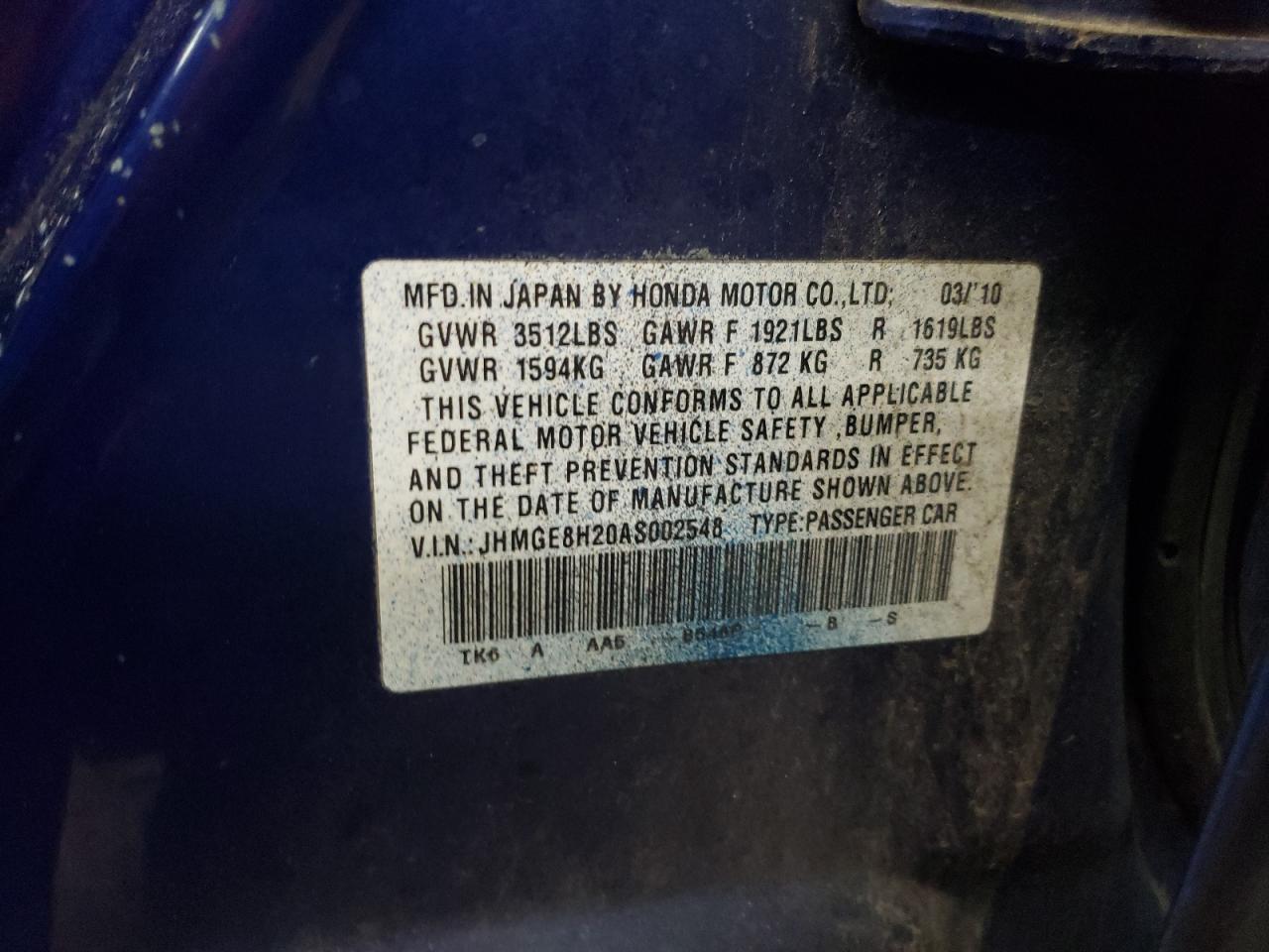 JHMGE8H20AS002548 2010 Honda Fit