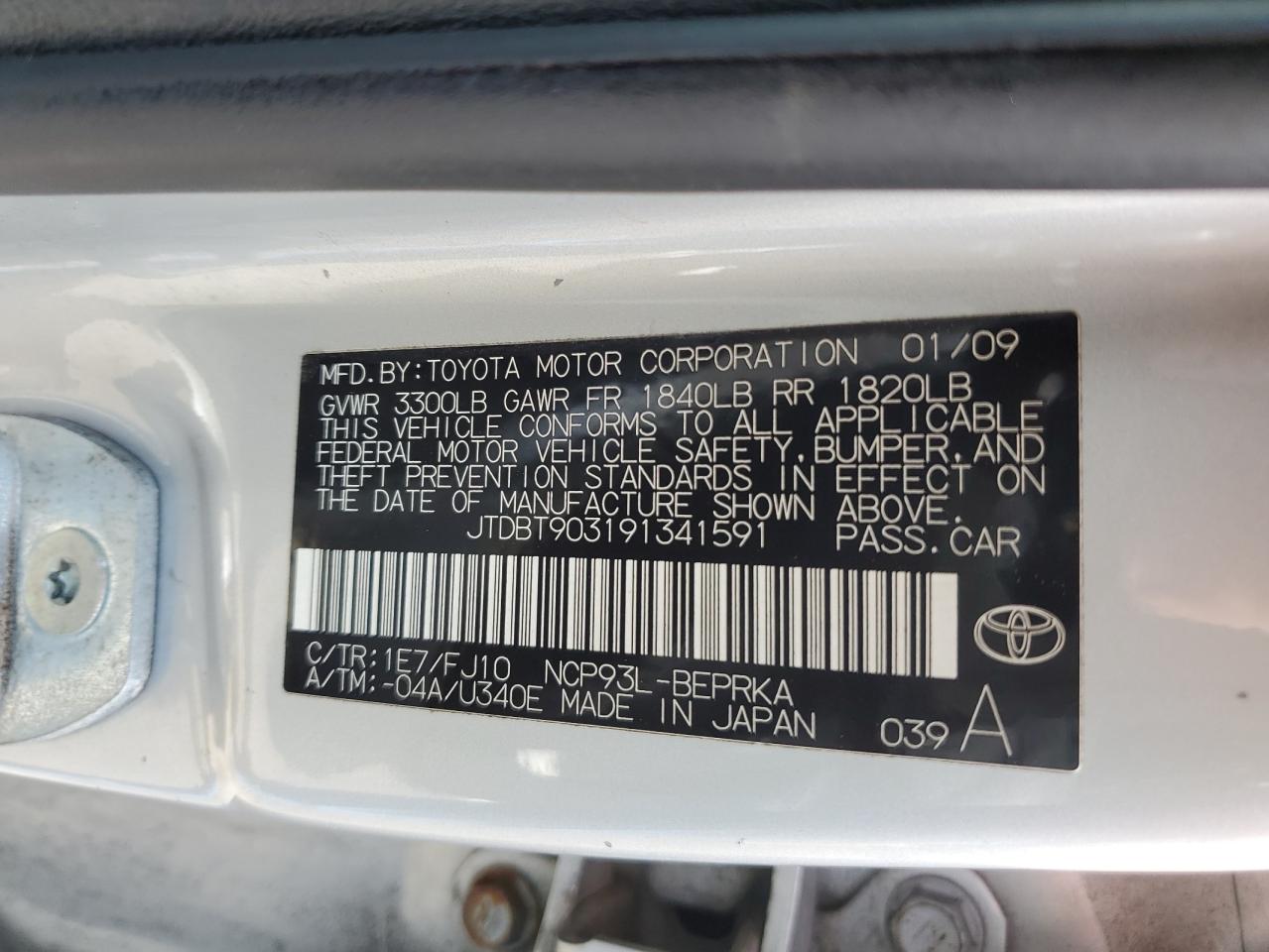 JTDBT903191341591 2009 Toyota Yaris