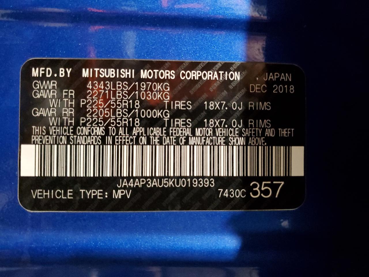 JA4AP3AU5KU019393 2019 Mitsubishi Outlander Sport Es