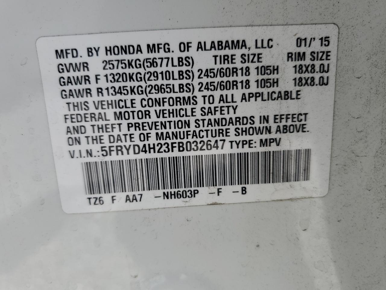 5FRYD4H23FB032647 2015 Acura Mdx