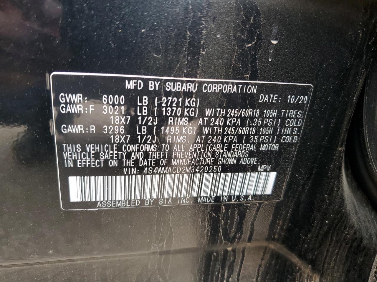 4S4WMACD2M3420250 2021 Subaru Ascent Premium