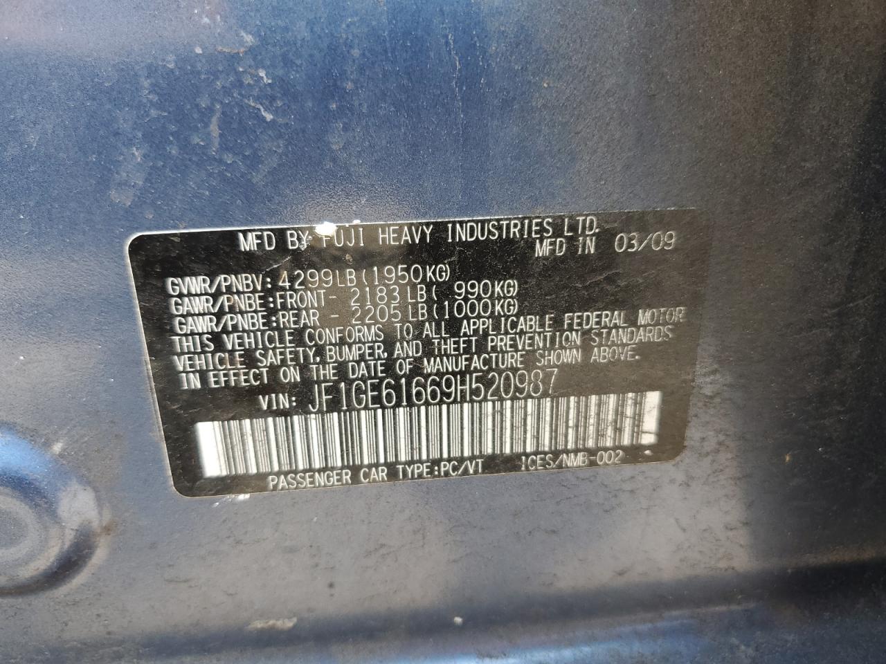 JF1GE61669H520987 2009 Subaru Impreza 2.5I