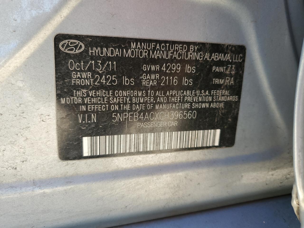 5NPEB4ACXCH396560 2012 Hyundai Sonata Gls