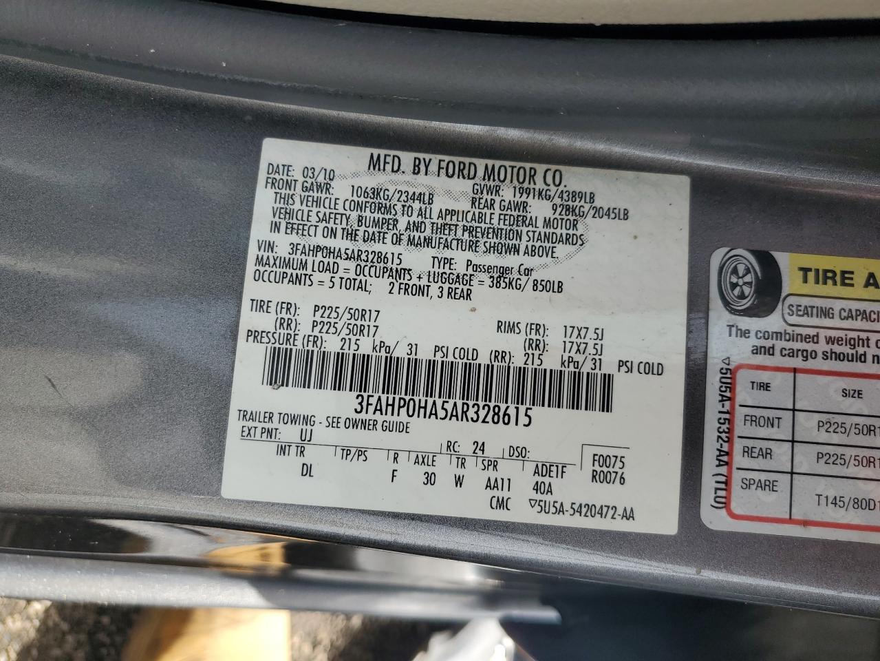 3FAHP0HA5AR328615 2010 Ford Fusion Se