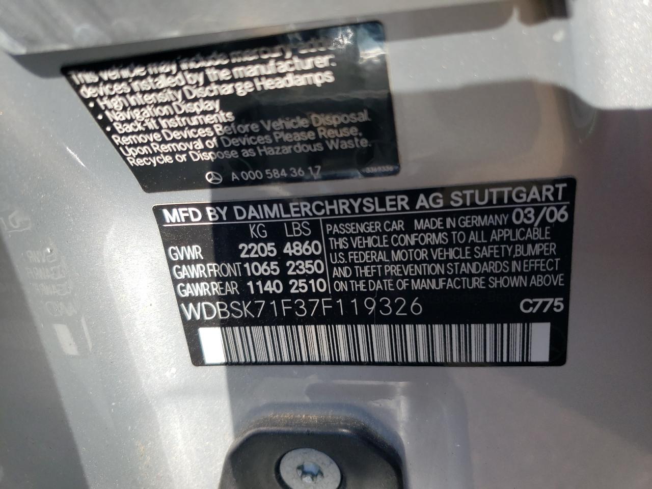 WDBSK71F37F119326 2007 Mercedes-Benz Sl 550