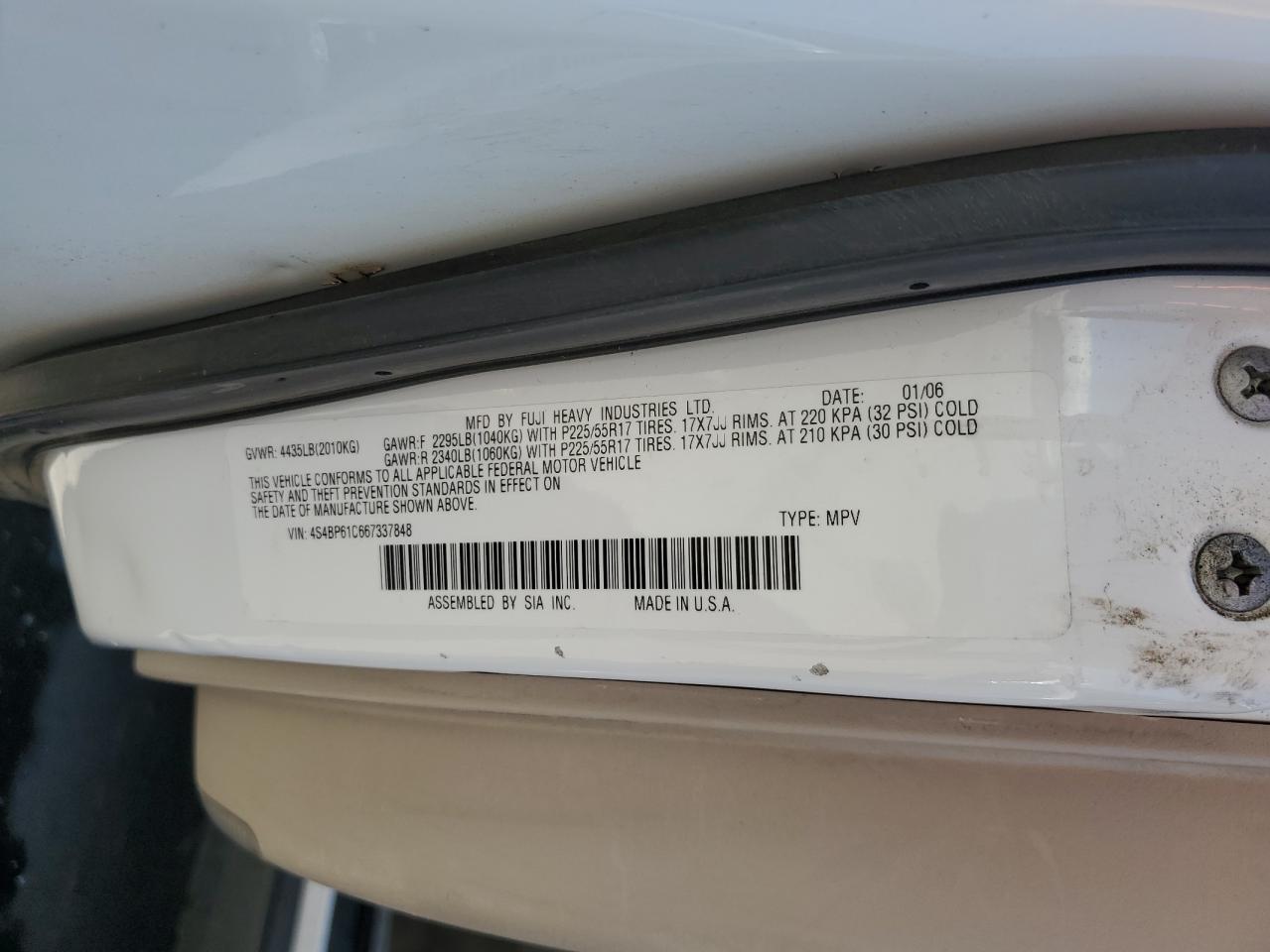 4S4BP61C667337848 2006 Subaru Legacy Outback 2.5I