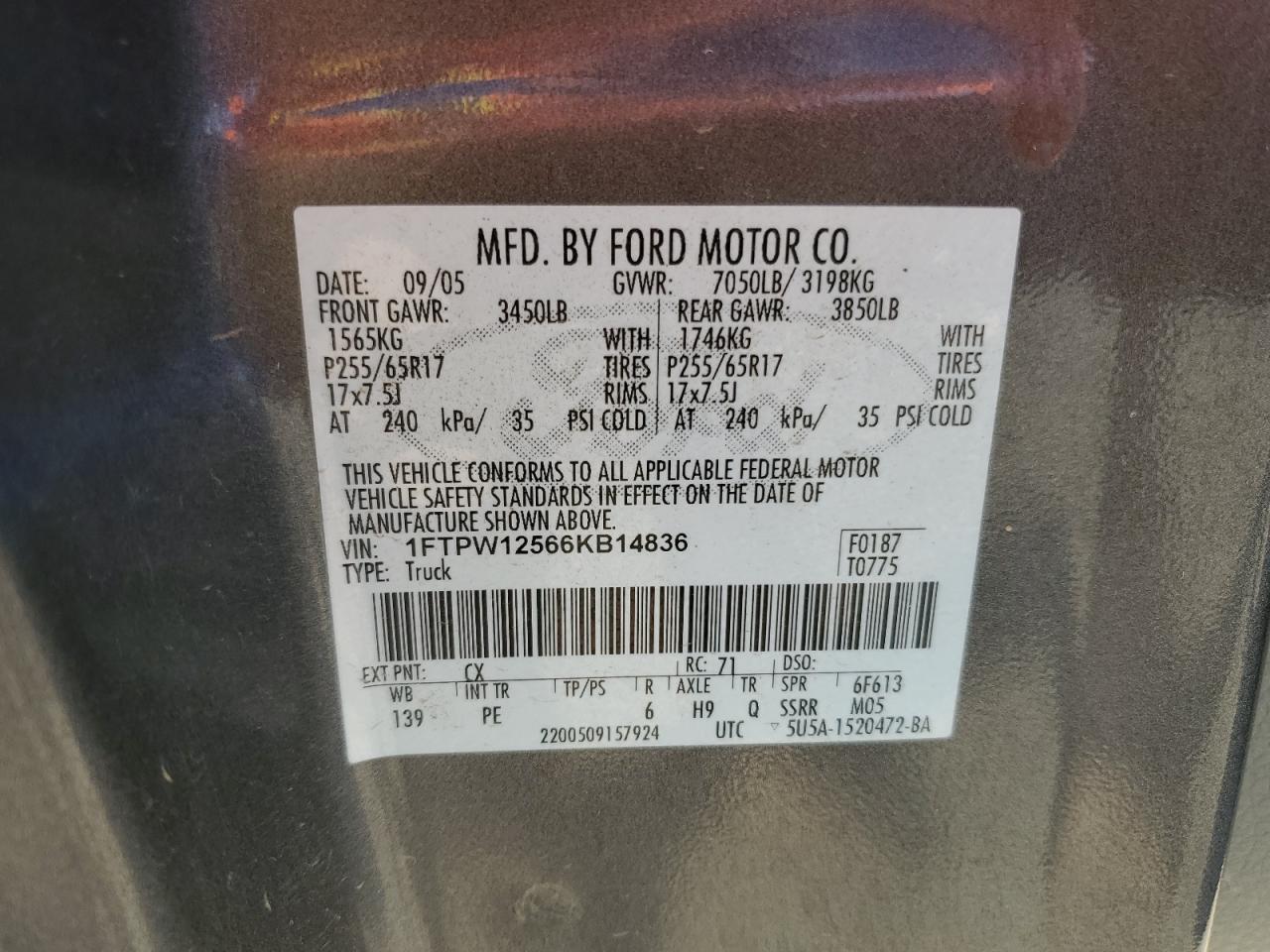 1FTPW12566KB14836 2006 Ford F150 Supercrew