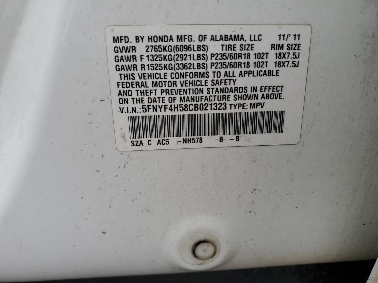 5FNYF4H58CB021323 2012 Honda Pilot Exl