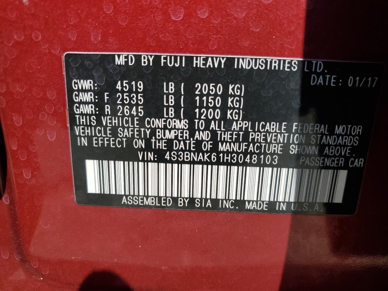 4S3BNAK61H3048103 2017 Subaru Legacy 2.5I Limited