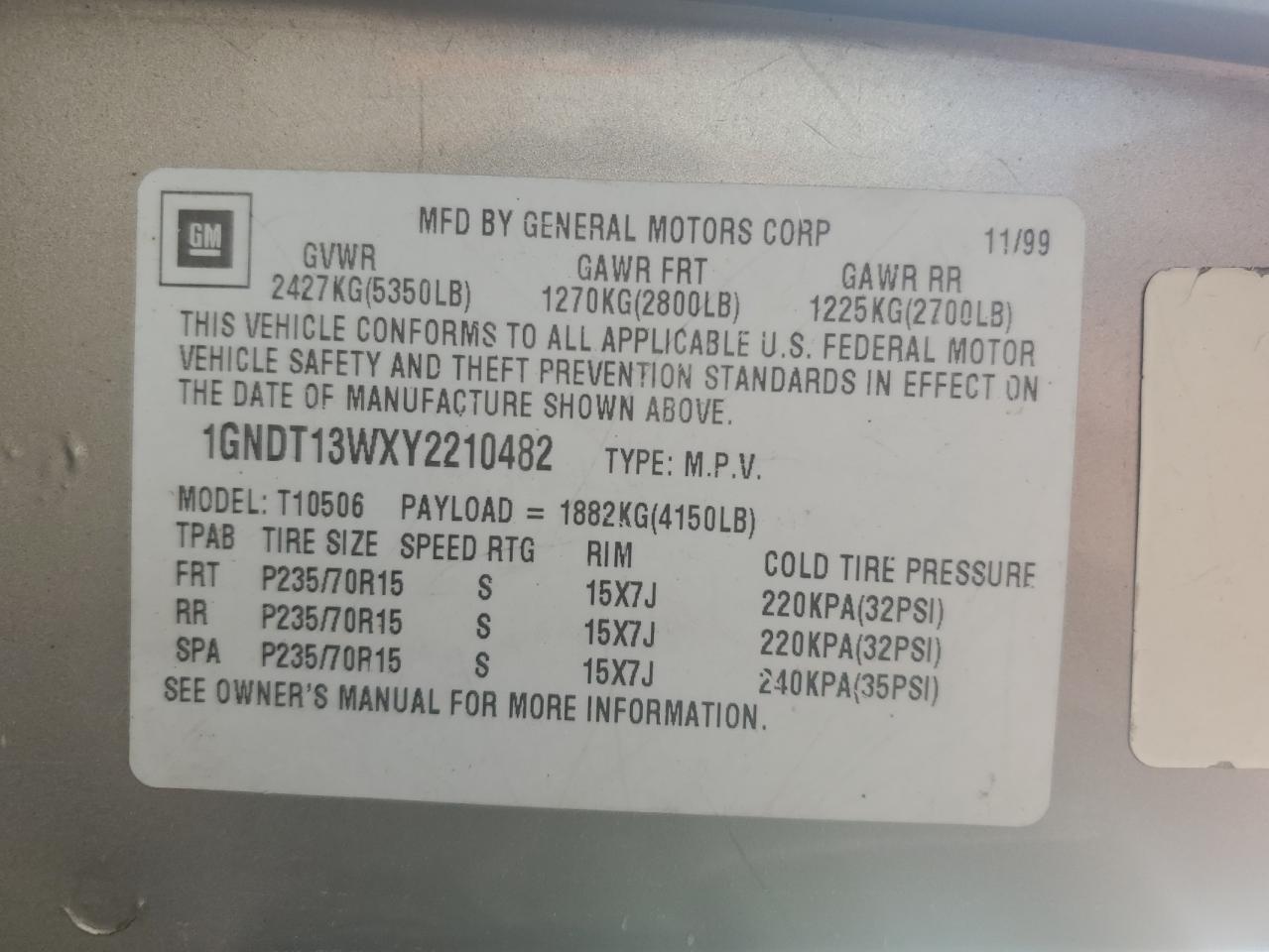 1GNDT13WXY2210482 2000 Chevrolet Blazer