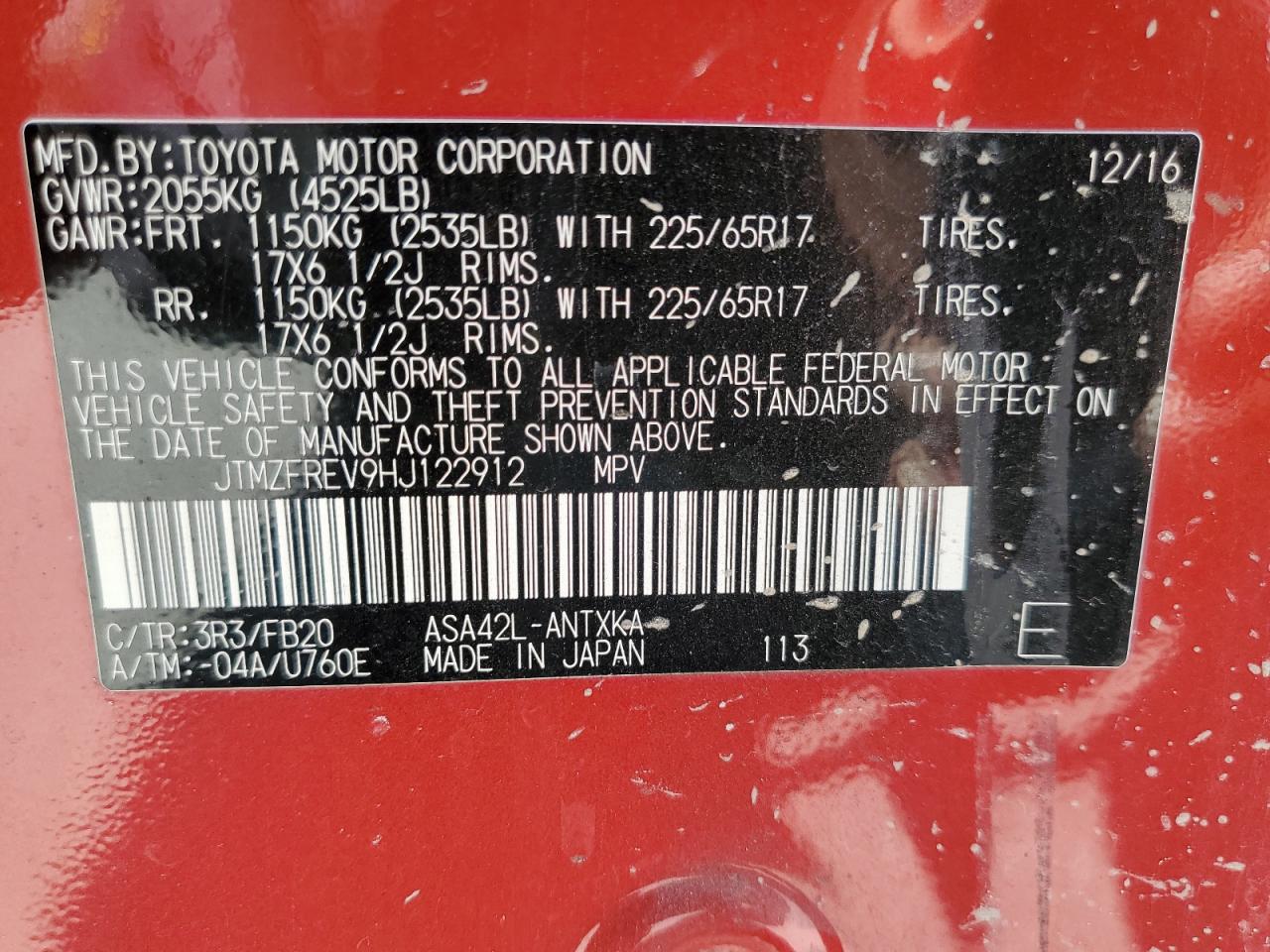 JTMZFREV9HJ122912 2017 Toyota Rav4 Le