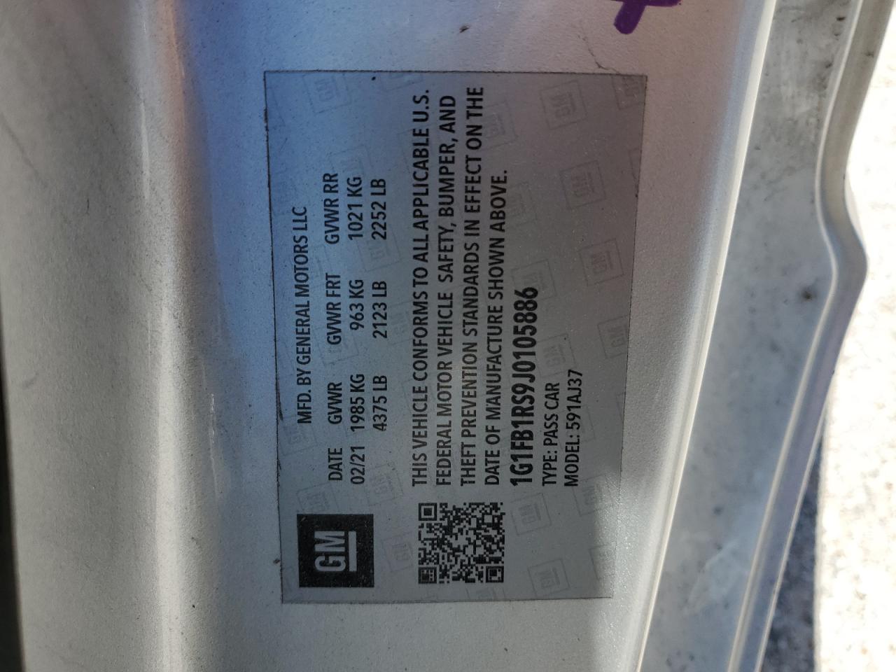 1G1FB1RS9J0105886 2018 Chevrolet Camaro Lt