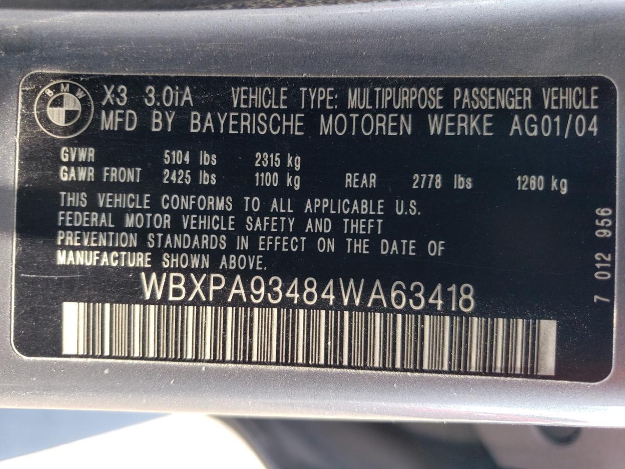 WBXPA93484WA63418 2004 BMW X3 3.0I