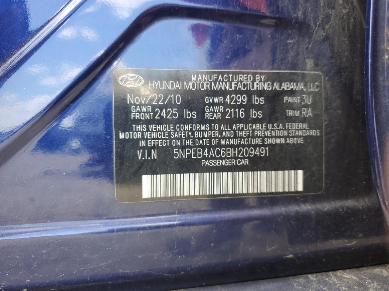 5NPEB4AC6BH209491 2011 Hyundai Sonata Gls