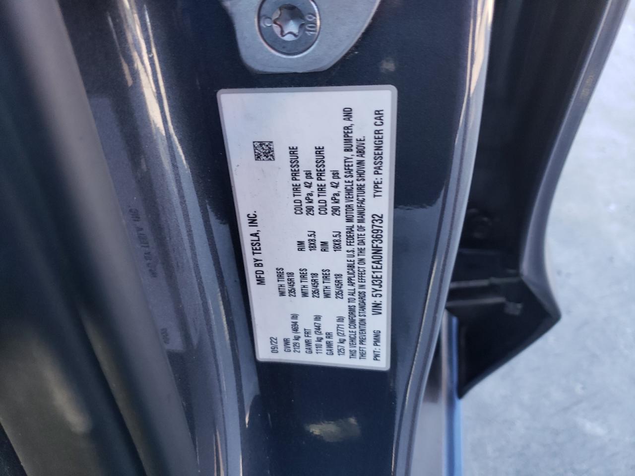 5YJ3E1EA0NF369732 2022 Tesla Model 3