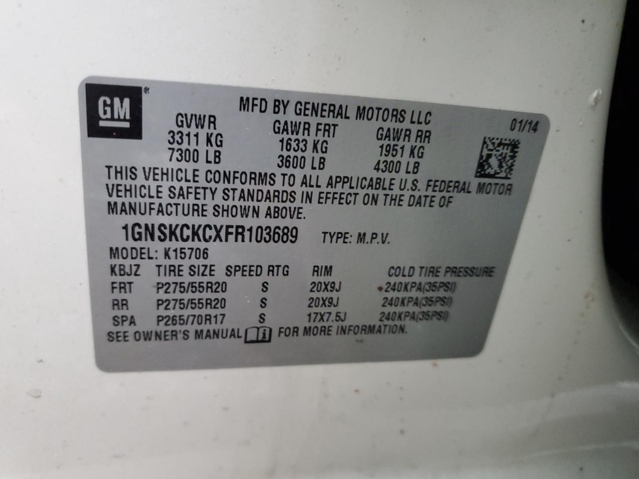 1GNSKCKCXFR103689 2015 Chevrolet Tahoe K1500 Ltz