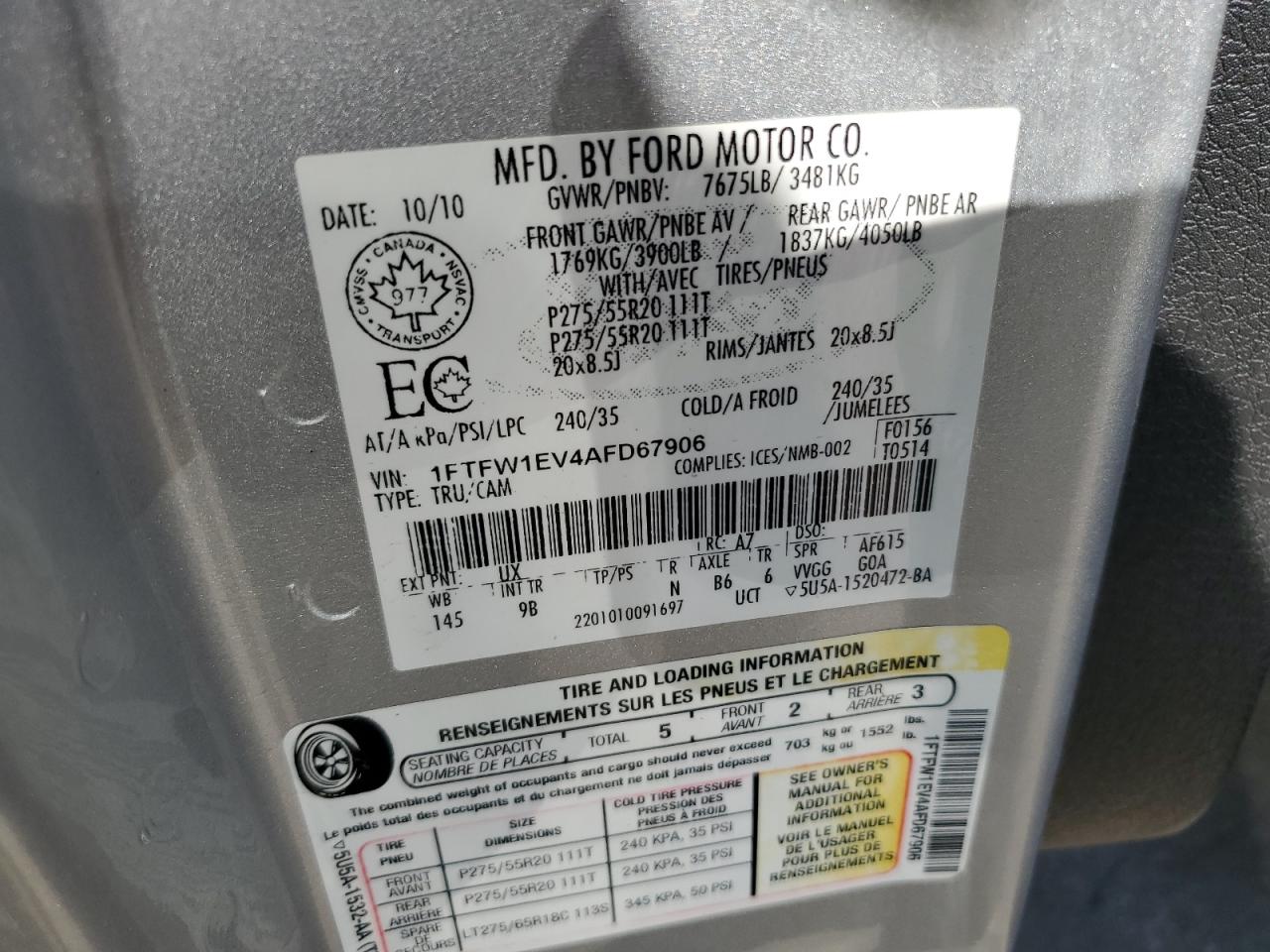 1FTFW1EV4AFD67906 2010 Ford F150 Supercrew