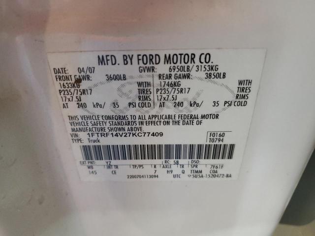 2007 Ford F150 VIN: 1FTRF14V27KC77409 Lot: 57345534