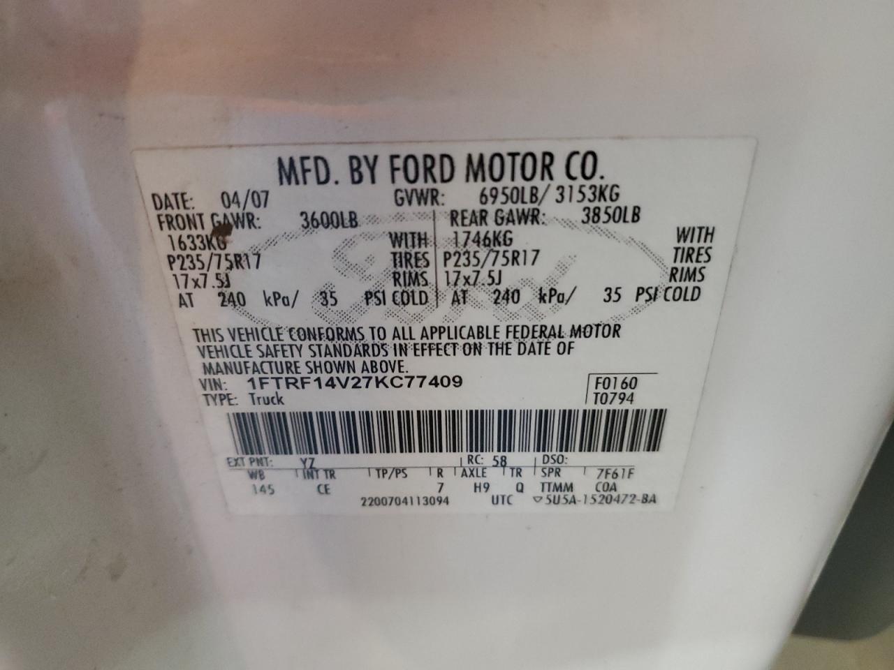 1FTRF14V27KC77409 2007 Ford F150