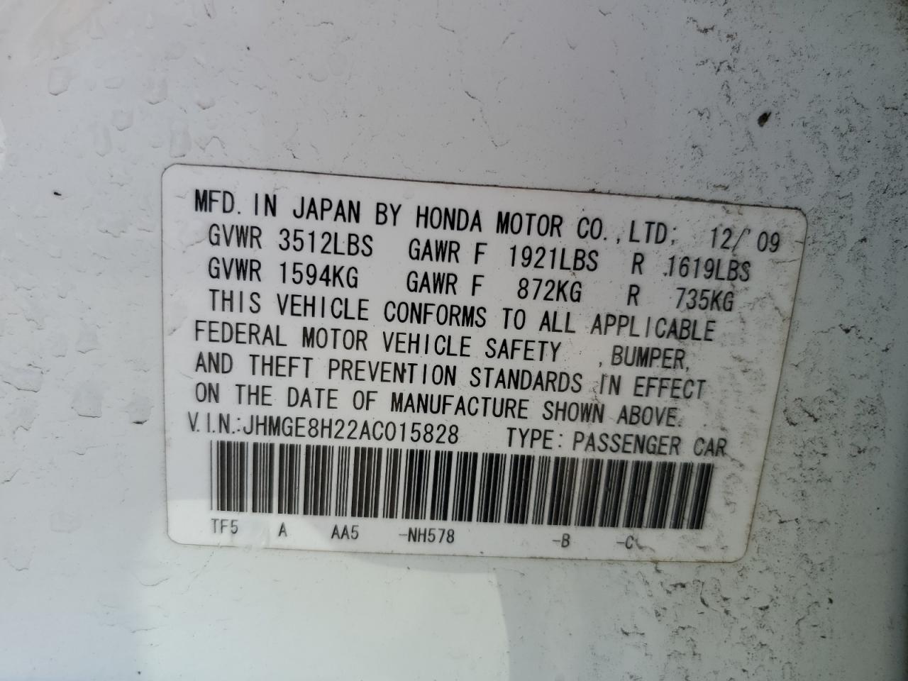 JHMGE8H22AC015828 2010 Honda Fit