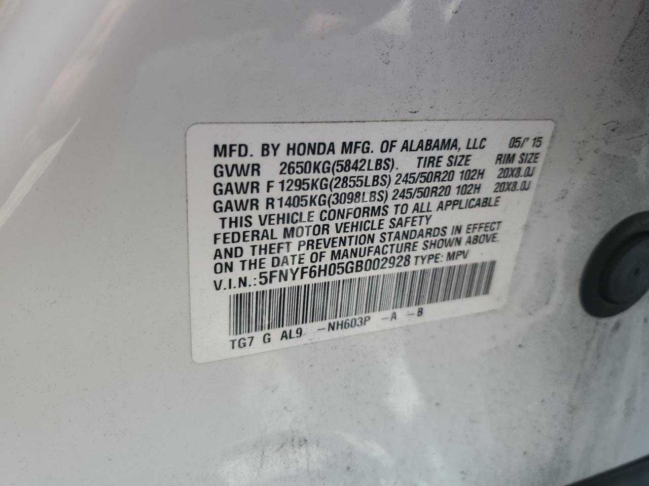 5FNYF6H05GB002928 2016 Honda Pilot Elite