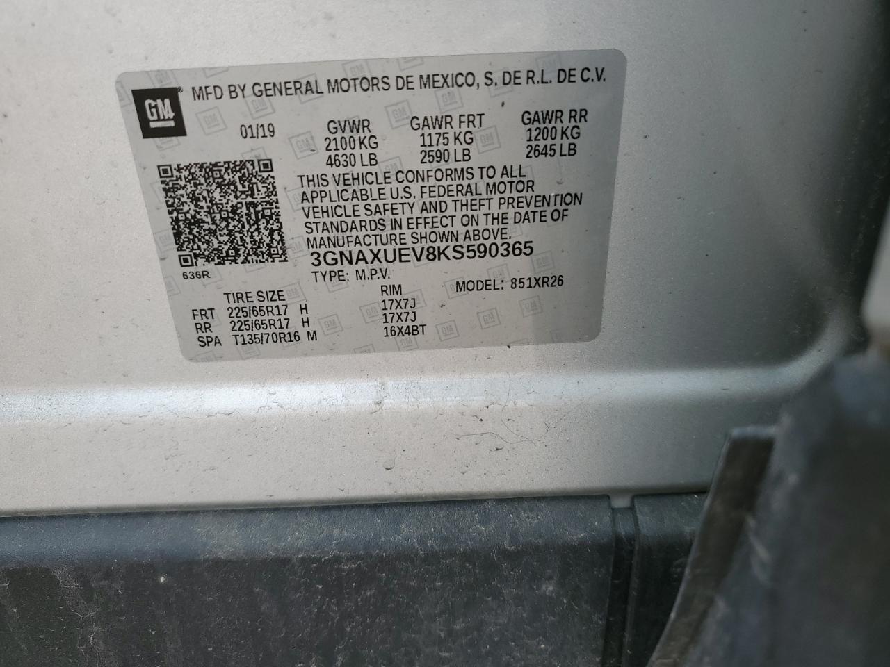 3GNAXUEV8KS590365 2019 Chevrolet Equinox Lt