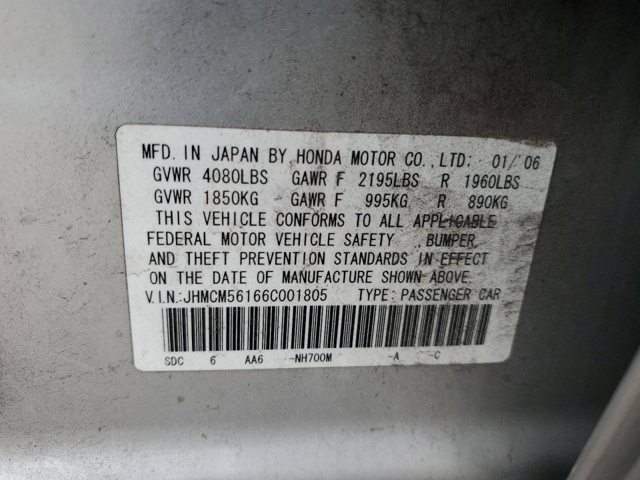 JHMCM56166C001805 2006 Honda Accord Value