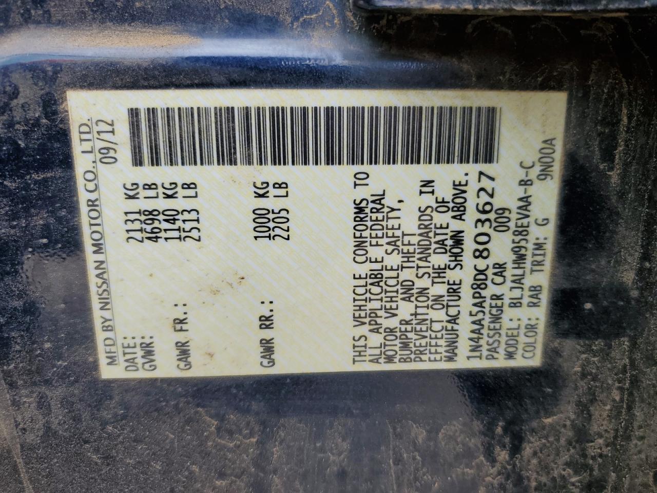 1N4AA5AP8DC803627 2013 Nissan Maxima S