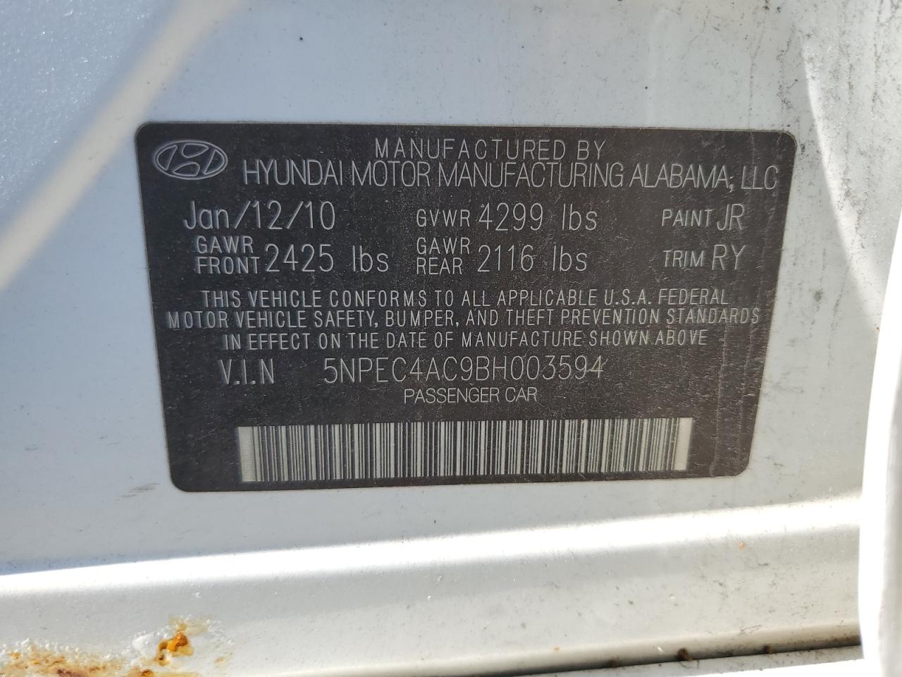 5NPEC4AC9BH003594 2011 Hyundai Sonata Se