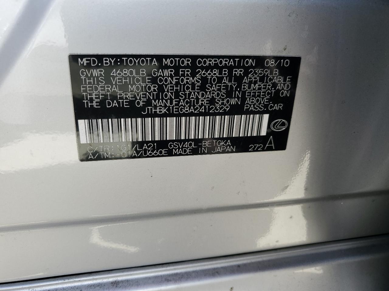 JTHBK1EG8A2412329 2010 Lexus Es 350