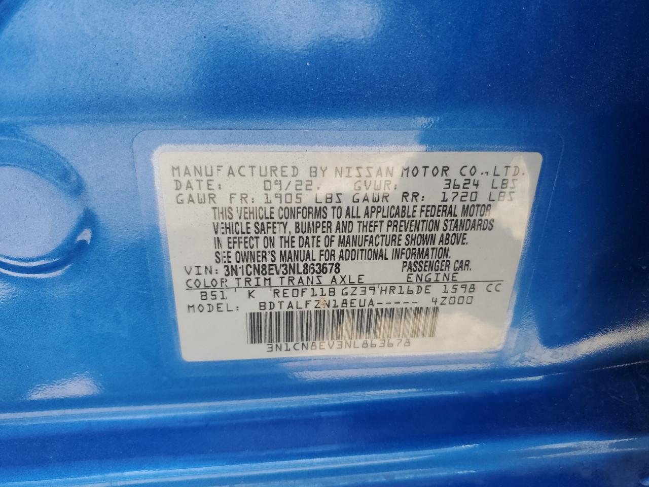 3N1CN8EV3NL863678 2022 Nissan Versa Sv