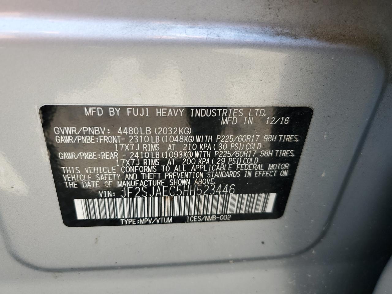 JF2SJAEC5HH523446 2017 Subaru Forester 2.5I Premium