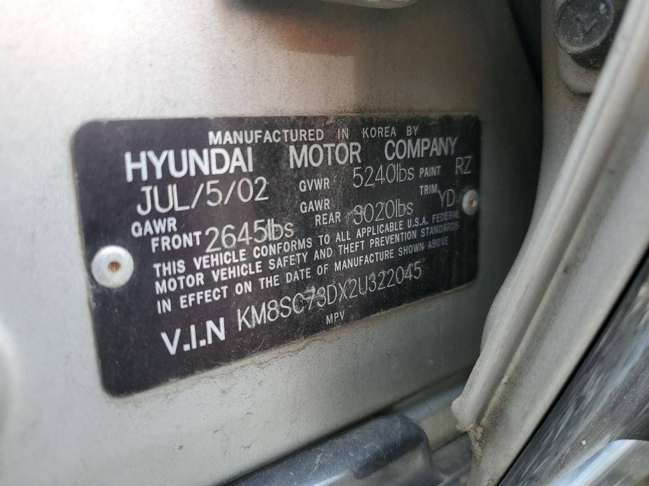 KM8SC73DX2U322045 2002 Hyundai Santa Fe Gls