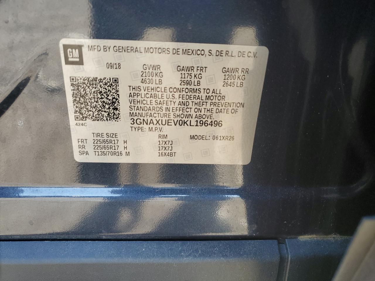 3GNAXUEV0KL196496 2019 Chevrolet Equinox Lt