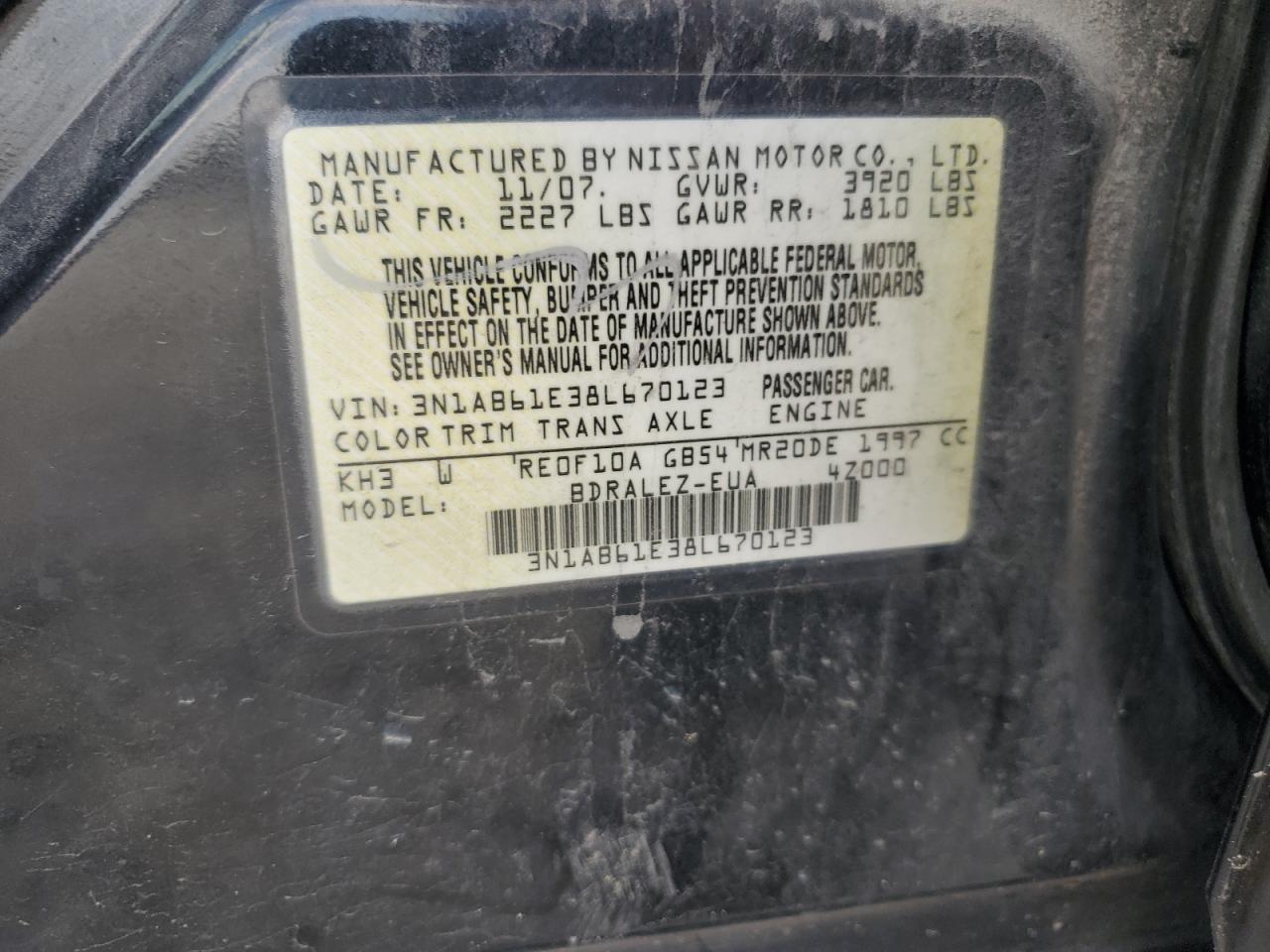 3N1AB61E38L670123 2008 Nissan Sentra 2.0