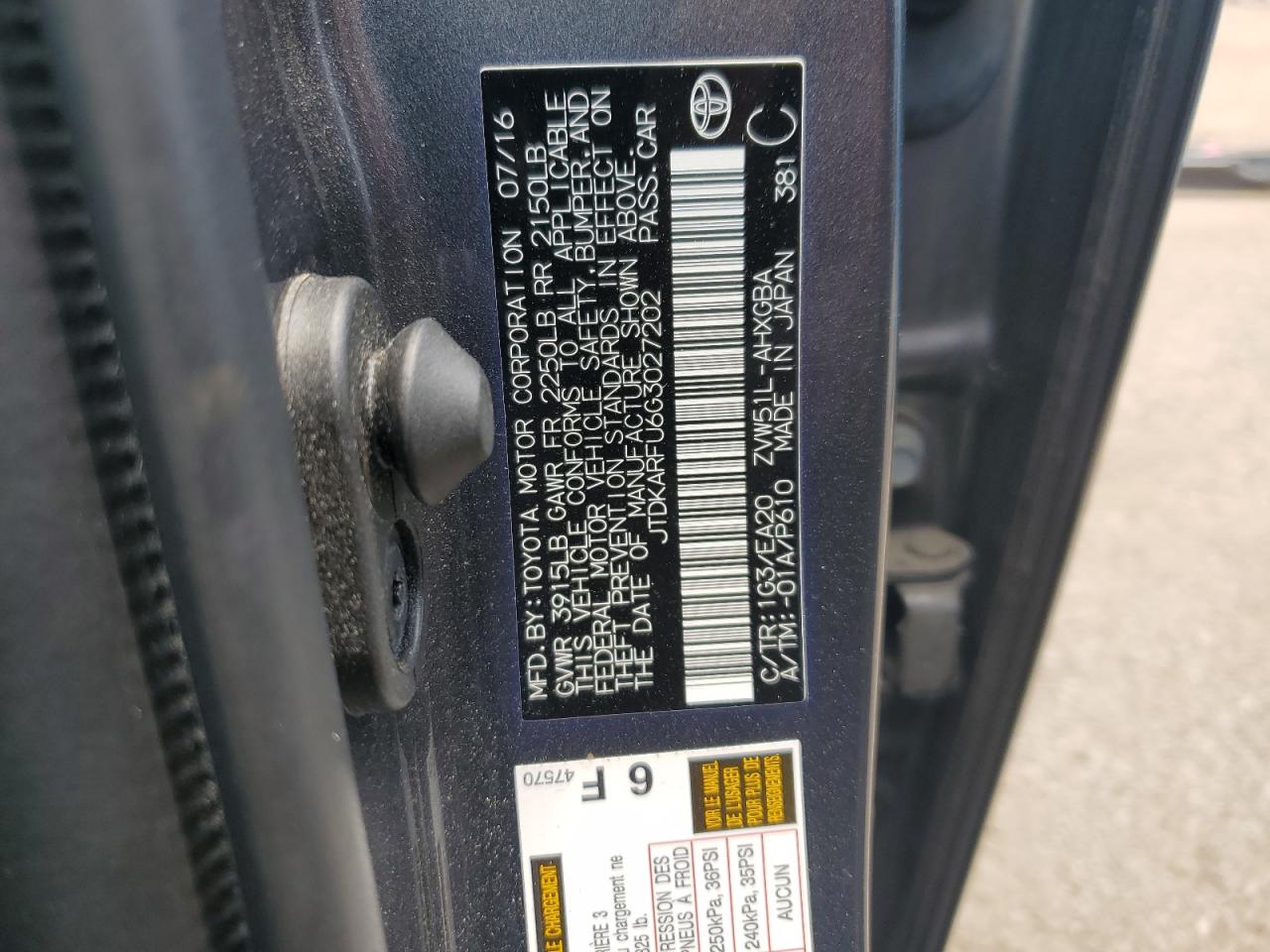 JTDKARFU6G3027202 2016 Toyota Prius