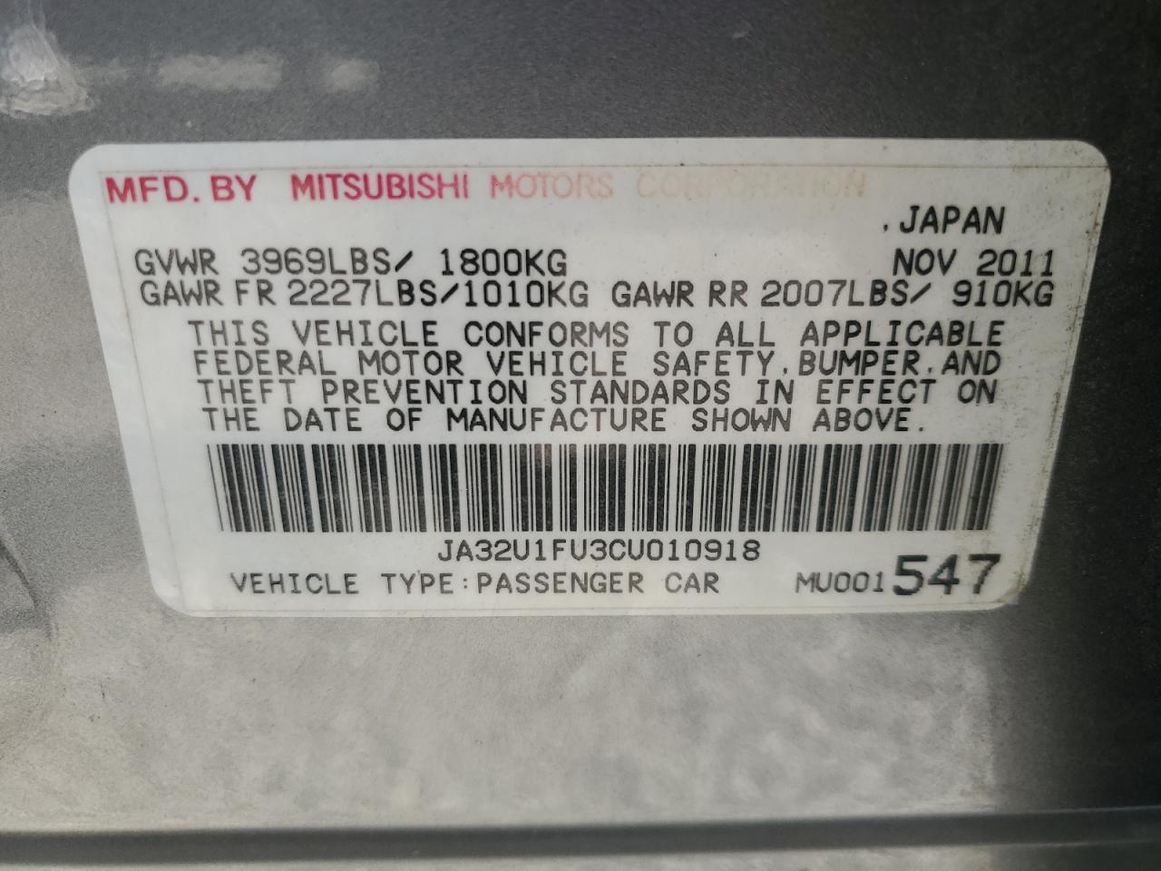 2012 Mitsubishi Lancer De vin: JA32U1FU3CU010918