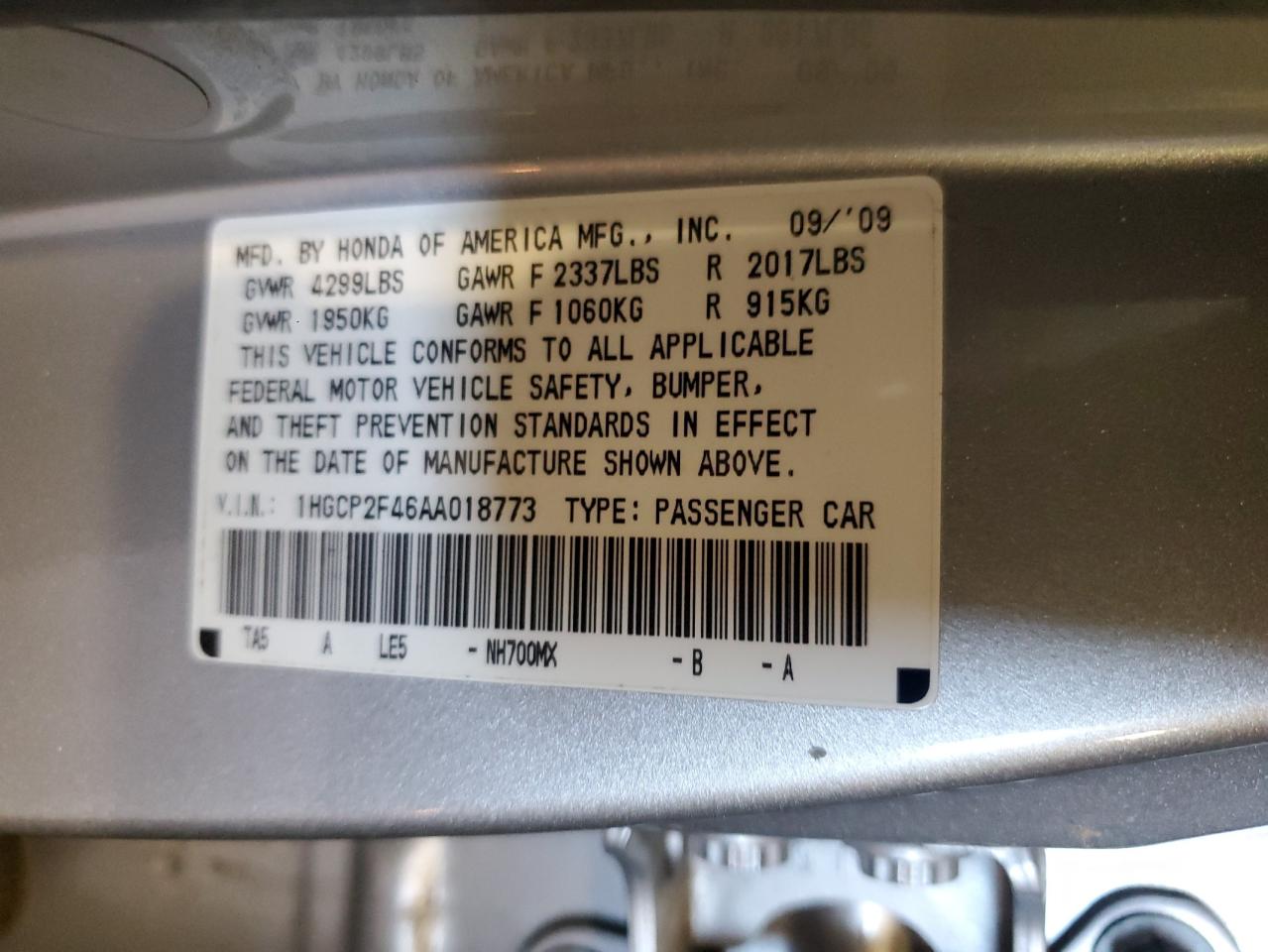 1HGCP2F46AA018773 2010 Honda Accord Lxp