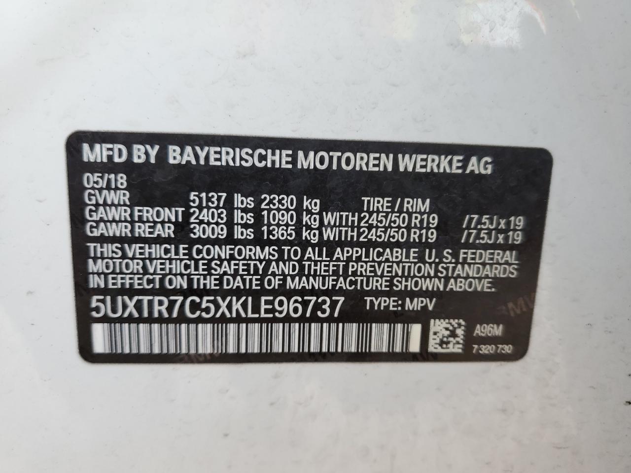 5UXTR7C5XKLE96737 2019 BMW X3 Sdrive30I